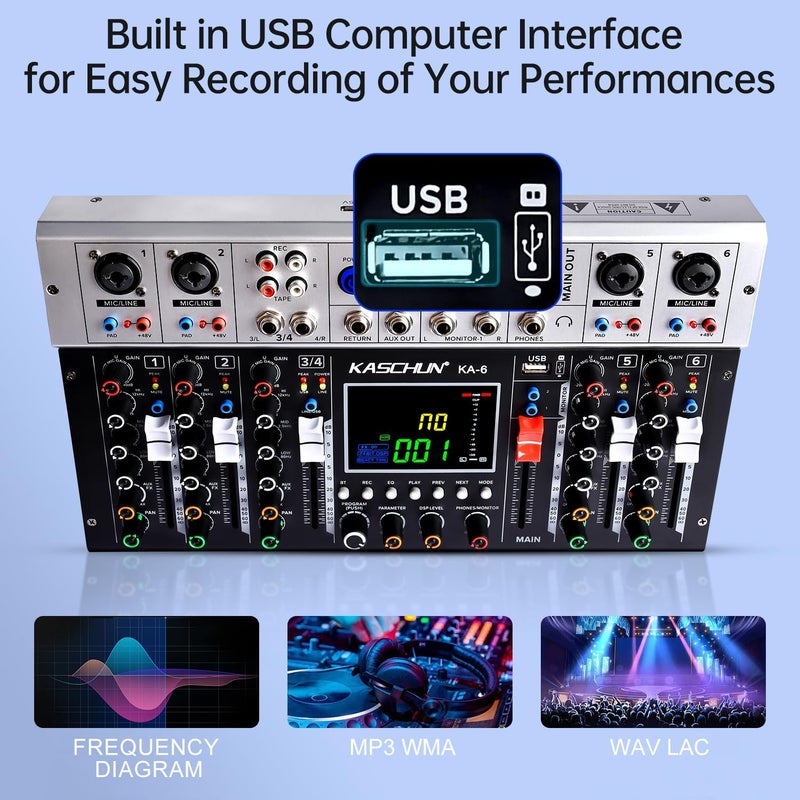 Kaschun KA-6 6-Channel Professional Audio Mixer with Large LED Display, 256 DSP Effects, Portable Design – Ideal for Recording Studios, Live Broadcasts & Multi-Functional Use​ - Image 2
